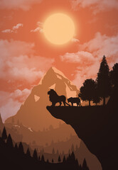 Silhouette of sunset with lion and Female lion on mountain, beautiful view illustration.