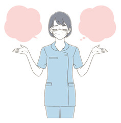 手描き風　制服を着てマスクを付けた女性のイラスト表情セット