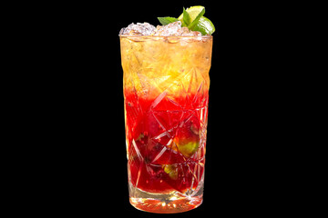 Colorful Cocktail elderberry in a glass with ice and lime,