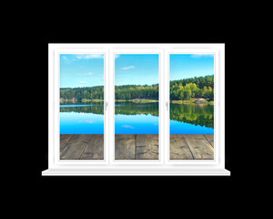 window in modern room with panoramic view to forest lake isolated on black