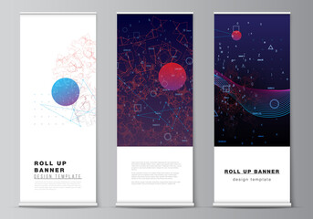 Vector layout of roll up mockup templates for vertical flyers, flags design templates, banner stands, advertising. Artificial intelligence, big data visualization. Quantum computer technology concept.