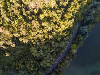 Misty trees from above. Aerial view of Morning fog and sunrise in autumn. Beautiful romantic atmosphere in landscape. Summer time in national park.
Universal panoramic landscape view of spruce forest.
