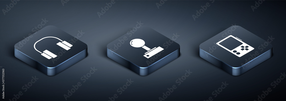 Poster set isometric headphones, portable video game console and joystick for arcade machine icon. vector.
