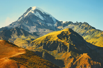 Panoramic view of Mount Kazbek in the Caucasus Mountains of Georgia is not far from the village of Stepantsminda