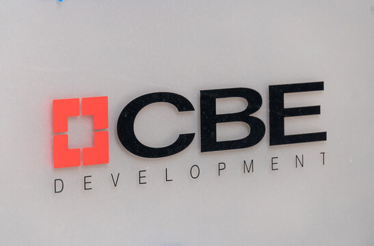 Prague, Czech Republic - July 23, 2020: Sign of CBE Development, Czech company with a main activity of project management and comprehensive management of development projects