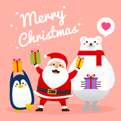 Set of funny cute Christmas cartoon characters with gifts in their hand. Santa Claus, polar bear, and penguin. Elements for banner or card design. Flat style vector graphic illustration.