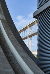 View onto pedestrian bridge between of the Marie Elisabeth Lüders Haus and the Paul Lobe Haus (Deutscher Bundestag) with architectural details and parts of the facade at Berlin's government district