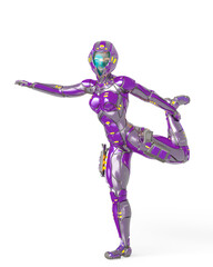 astronaut girl on sci-fi suit is doing stretching