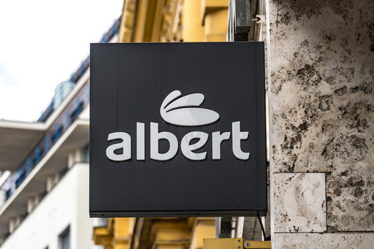 Prague, Czech Republic - July 23, 2020: Albert Supermarket signage. Albert Česká republika, s.r.o., is a division of the Netherlands-based Ahold Delhaize group, operating in the Czech Republic