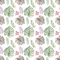 Watercolor pattern of exotic leaves elements. floral illustration of monstera, palm and wild flowers