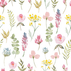 Wild flowers seamless watercolor pattern. Blooming botanical motifs scattered random. Trendy colorful texture. fathion trend print. hand drawn flowers