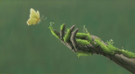 Art of life nature hope happiness and freedom concept, surreal artwork, broken hand with butterfly, conceptual illustration, dreamlike painting