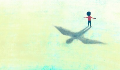 Illustration of Freedom hope dream happiness and life concept, African black boy with flying shadow, surreal painting artwork, conceptual art, child - obrazy, fototapety, plakaty