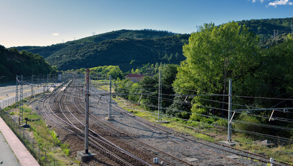 View of railway tracks in the village of Torre del Bierzo, in Castile and Leon, Spain; high angle view.