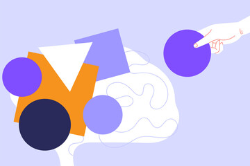 Mental health self help concept flat illustration. Stylized image of a human brain made of geometric figures. A hand holding circle building a composition
