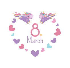 Funny March 8 vector card. Purple unicorns with multi-colored manes run to meet each other. Cheerful children's poster heart shape, festive inscription. Isolated on a white background
