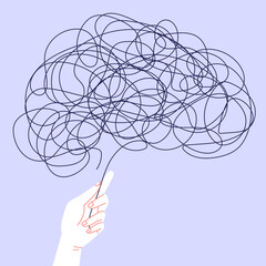 Mental health self help concept. Tangled thread formed as a human brain. A hand holding one of the threads ends. Abstract image of mental health problems