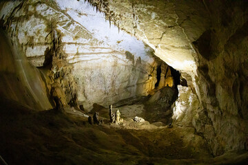 Cave stalactites, stalagmites, and other formations at Marble cave, Crimea