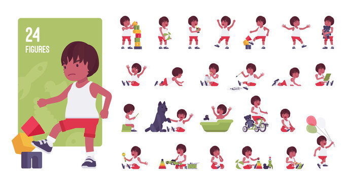 Toddler child, little black boy playing with toys character set, pose sequences. Cute healthy baby 12, 36 months, wearing tee shirt, shorts. Full length, different views, gestures, emotions, positions