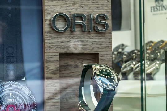Prague, Czech Republic - July 23, 2020: Oris watch displayed in a store window. Oris is a Swiss manufacturer of luxurious mechanical watches