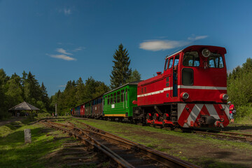 Narrow gauge railway in Balnica station in Poland mountains in summer evening - obrazy, fototapety, plakaty