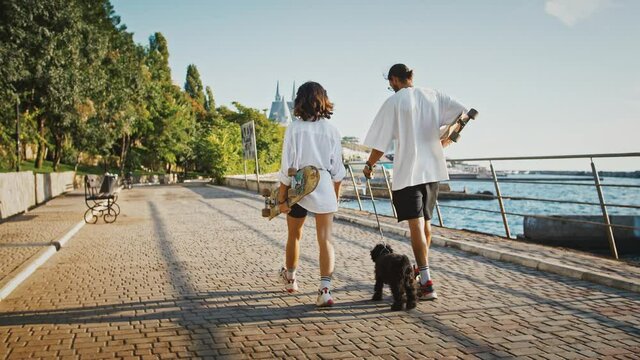 Couple walking with dog and keeping skateboards on seafront, back view, slow motion