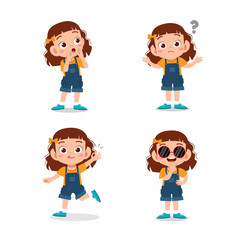 cute little kid girl pose with various expression set