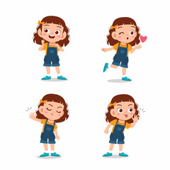 cute little kid girl pose with various expression set