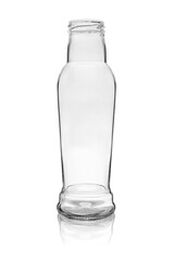 Empty glass bottle with a wide neck for drinks. Isolated on a white background with reflection