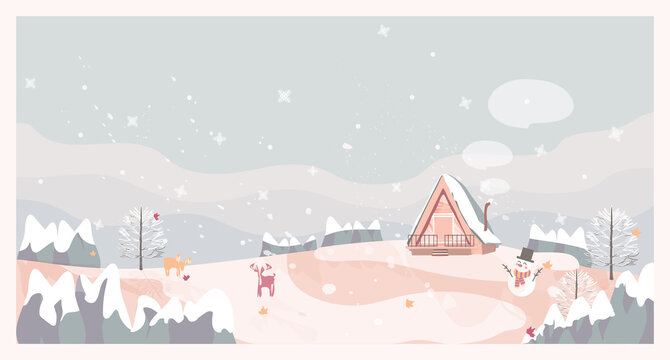 Vector illustration of a Christmas winter landscape postcard.Retro color of winter landscape with cottage, snowman and deer. winter background concept.