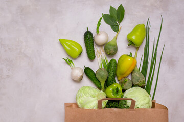 Green vegetables in a paper bag are scattered on the table. Healthy vegetarian food. Cabbage, peppers, onions, radishes, cucumbers. buying vegetables, food delivery. Copy space, gray background