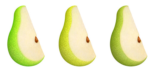 Slice of pear fruit with seed isolated on white background. Collection of ripe juicy green pieces of pear. Set of three kinds of pears. Clipping path