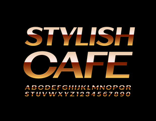 Vector chic emblem Stylish Cafe. Glossy elite Font. Golden luxury Alphabet Letters and Numbers set