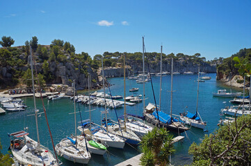 Fototapeta na wymiar Moored boats and yachts in Calanque de Port Miou, department of Bouches-du-Rhone, France