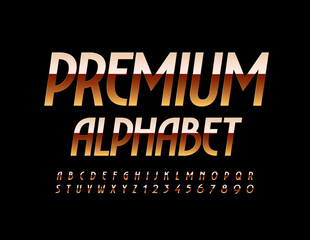 Vector Premium Alphabet. Golden elegant Font. Shiny elite style Letters and Numbers set