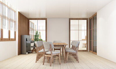 Dining area in modern contemporary style interior design with wooden window frame and sheer with grey furniture tone 3d rendering