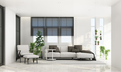 Living area in modern contemporary style interior design with wooden window frame and sheer with grey furniture tone 3d rendering
