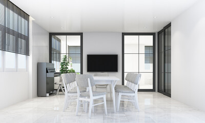 Dining area in modern contemporary style interior design with wooden window frame and sheer with grey furniture tone 3d rendering