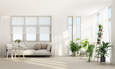 Fototapeta na wymiar living area in modern contemporary style interior design with wooden window frame and sheer with grey furniture tone 3d rendering