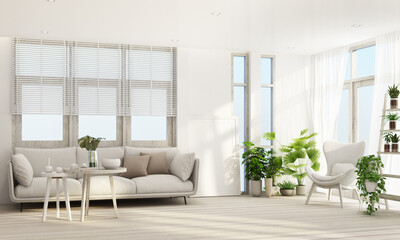 living area in modern contemporary style interior design with wooden window frame and sheer with grey furniture tone 3d rendering