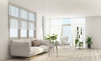 Naklejka na ściany i meble living area in modern contemporary style interior design with wooden window frame and sheer with grey furniture tone 3d rendering
