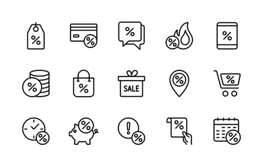 Discount business sales, vector linear icons set. Sale management. Coupon, percent ribbon, discount code, online buying, surprise present and more. Isolated collection of discount for web sites.