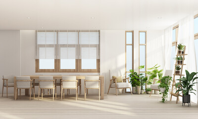 Dining area in modern contemporary style interior design with wooden window frame and sheer with grey furniture tone 3d rendering