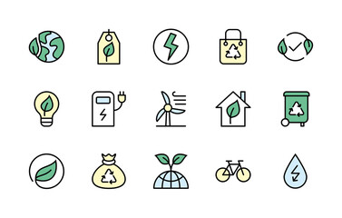 Eco friendly and alternative energy sources. Simple set of colored vector linear icons. Linear symbols of ecology. Energy icon collection. Isolated contour illustrations for websites.