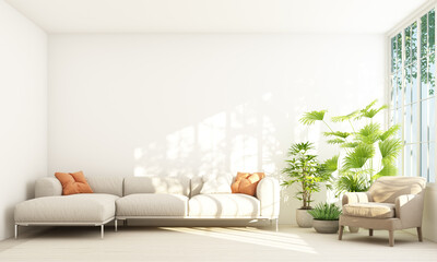 Fototapeta na wymiar Sofa with plant pot in white room and window frame 3d rendering
