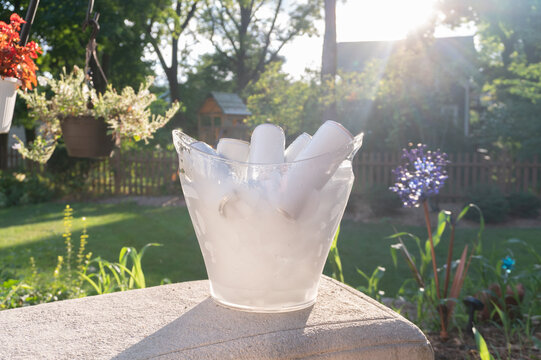 White Hard Seltzer Beverage Cans In Clear Ice Bucket Backyard Sunny