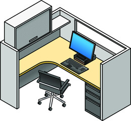 Office cubicle: mid height partitions with window, drawer unit, partition mounted shelf and storage unit.