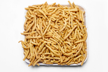 Indian snacks masala sev in white background.