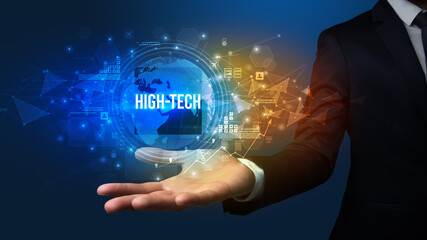 Elegant hand holding HIGH-TECH inscription, digital technology concept