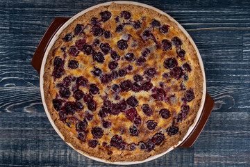 Homemade organic cherry pie dessert ready to eat, close up. Cherry tart